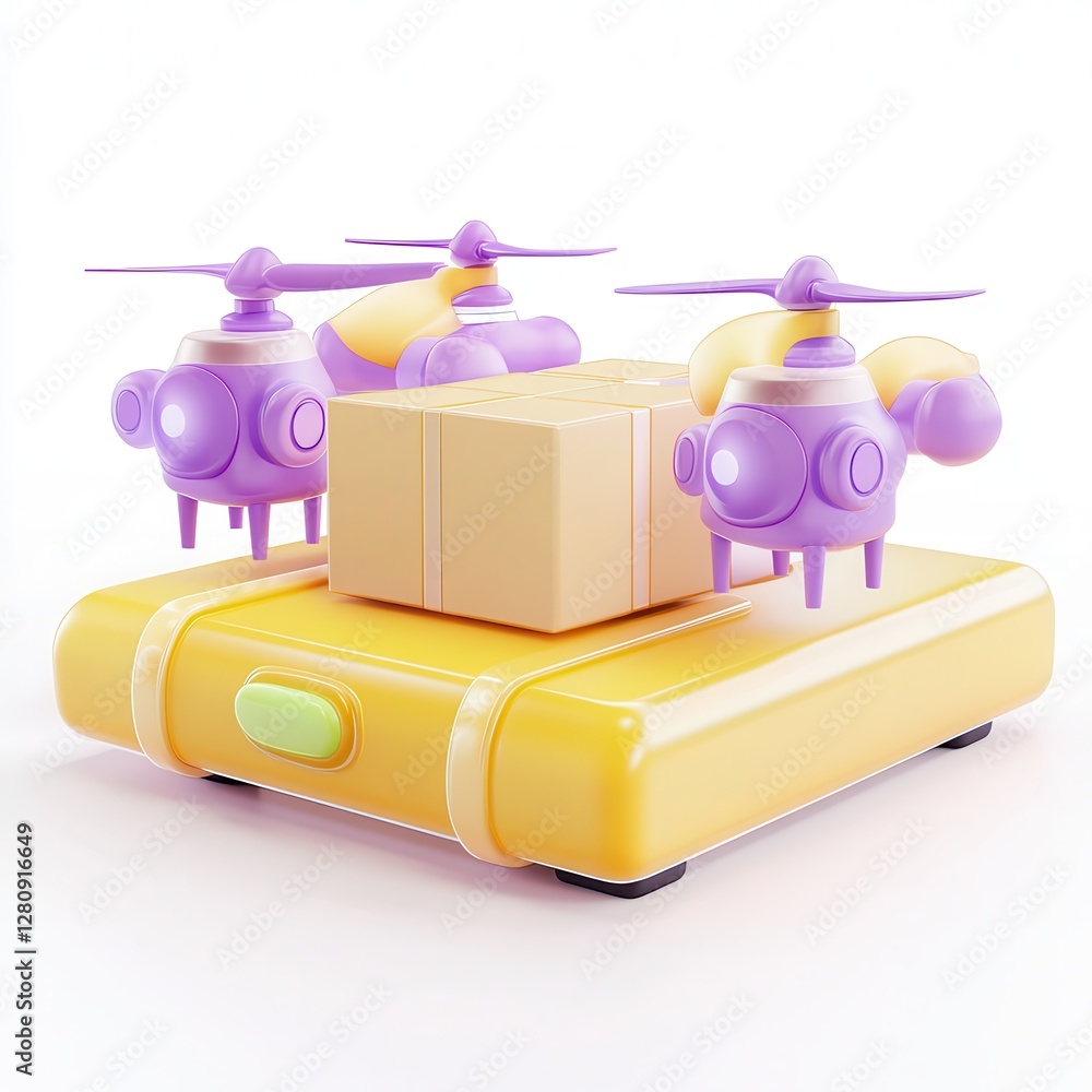 Poster a whimsical 3d rendering of a delivery drone transporting a package on a colorful base.