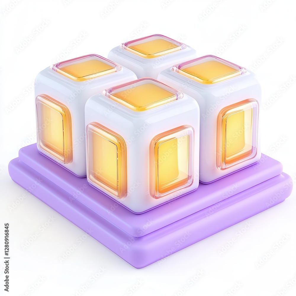 Poster a set of colorful 3d cubes with transparent faces on a purple base, featuring soft gradients.