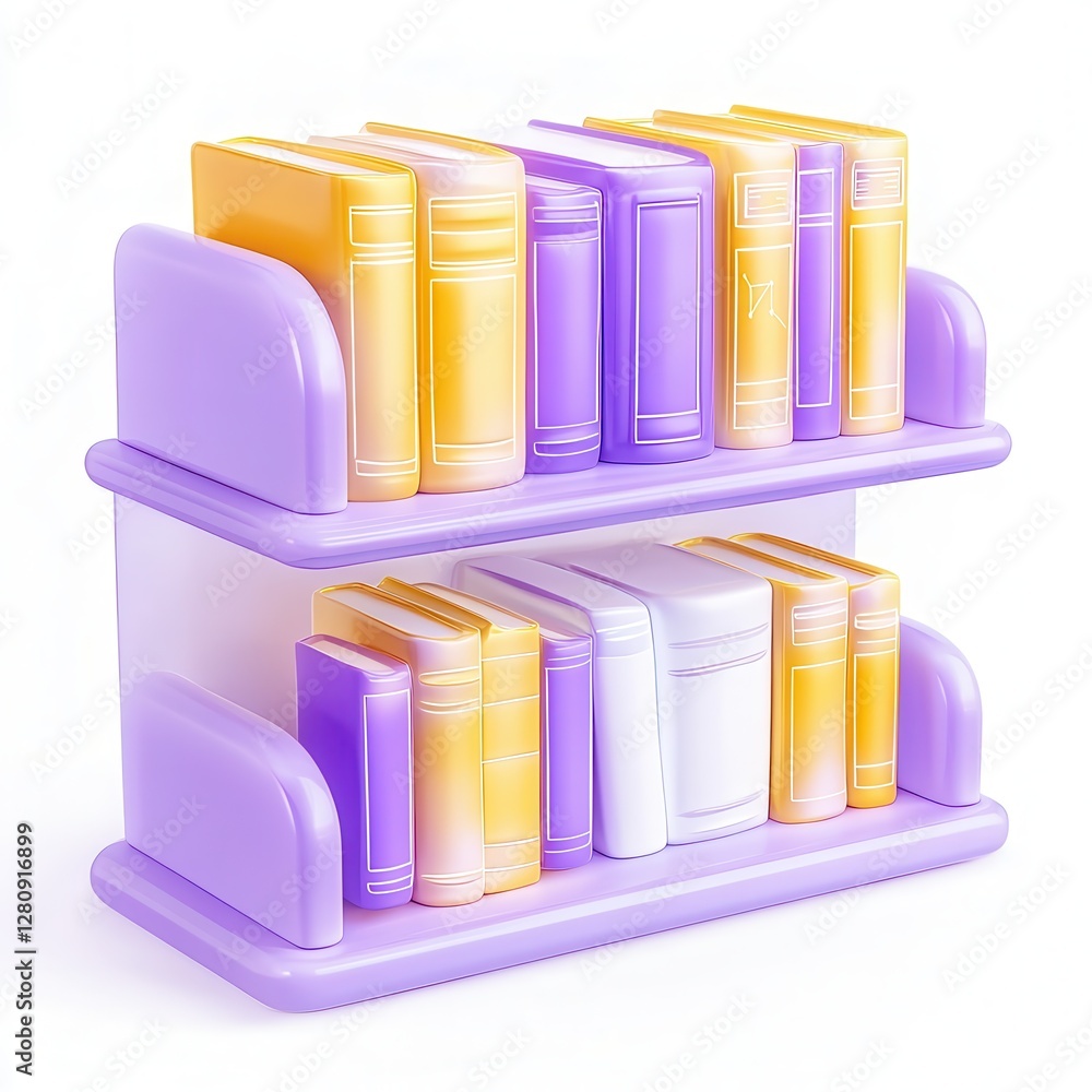 Poster a colorful 3d rendered bookshelf containing various books with vibrant covers, emphasizing a playful