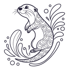 Naklejka premium Otter Coloring Page: Detailed Line Art Illustration of a Cute Otter in Water, Printable Animal Outline for Creative Coloring Fun