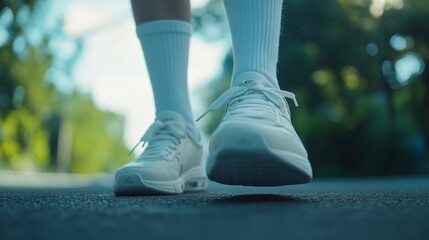 close-up of feet with sport shoes walking on a street
