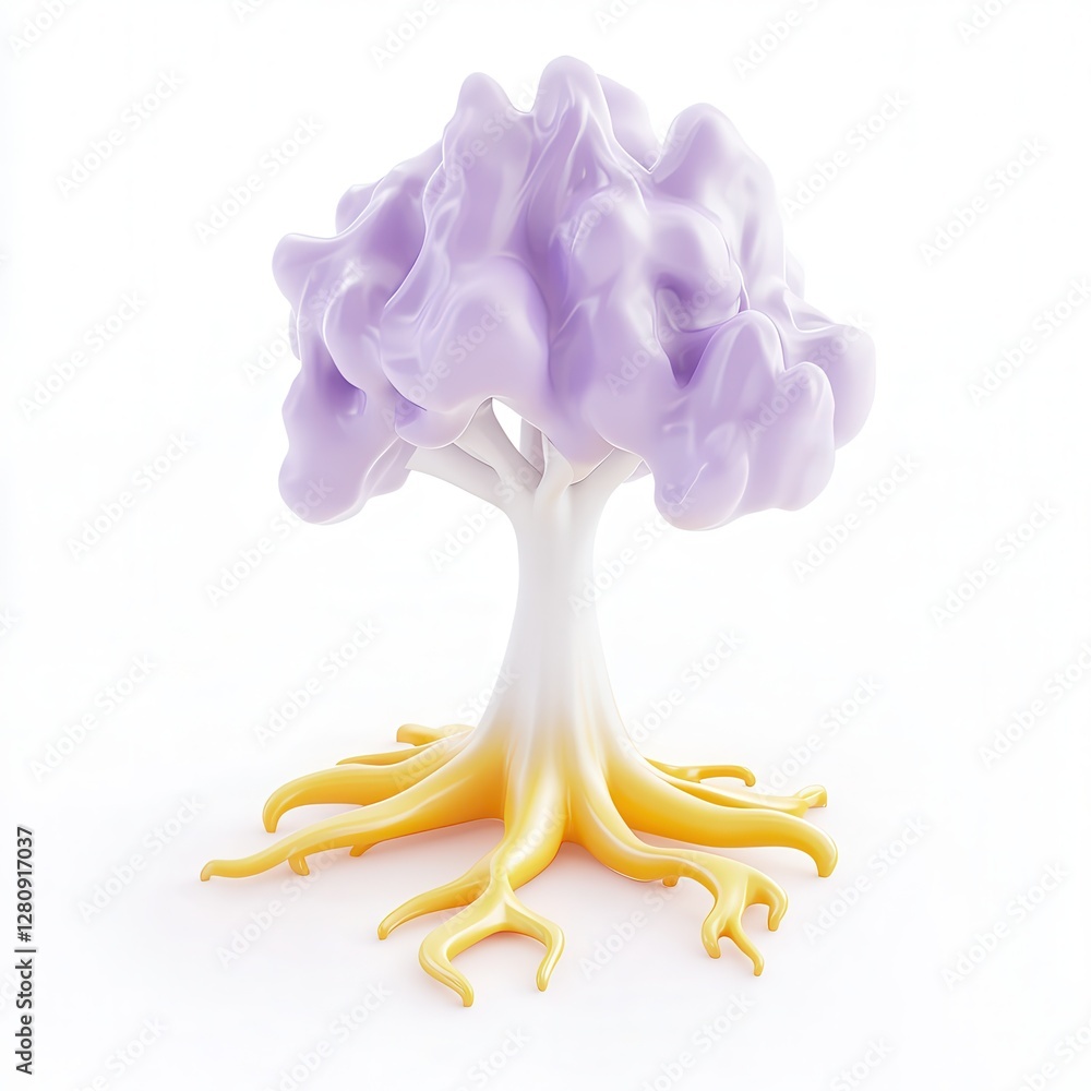 Poster a stylized tree with purple foliage and yellow roots, rendered in a 3d design showcasing a unique co