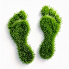 Zwei grüne Fußabdrücke aus Gras über weißem Hintergrund als Konzept für Umweltschutz.