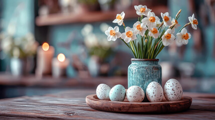 Easter eggs in wooden plate with bouquet of daffodils on rustic kitchen background. Happy Easter