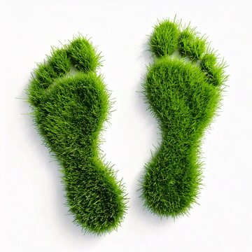 Zwei gr&uuml;ne Fu&szlig;abdr&uuml;cke aus Gras &uuml;ber wei&szlig;em Hintergrund als Konzept f&uuml;r Umweltschutz.
