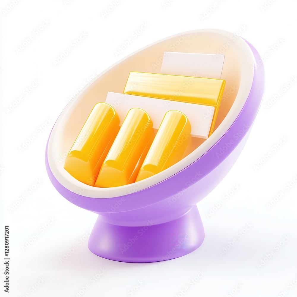 Poster a colorful 3d model resembling an abstract object with cylindrical shapes in yellow and white, set w