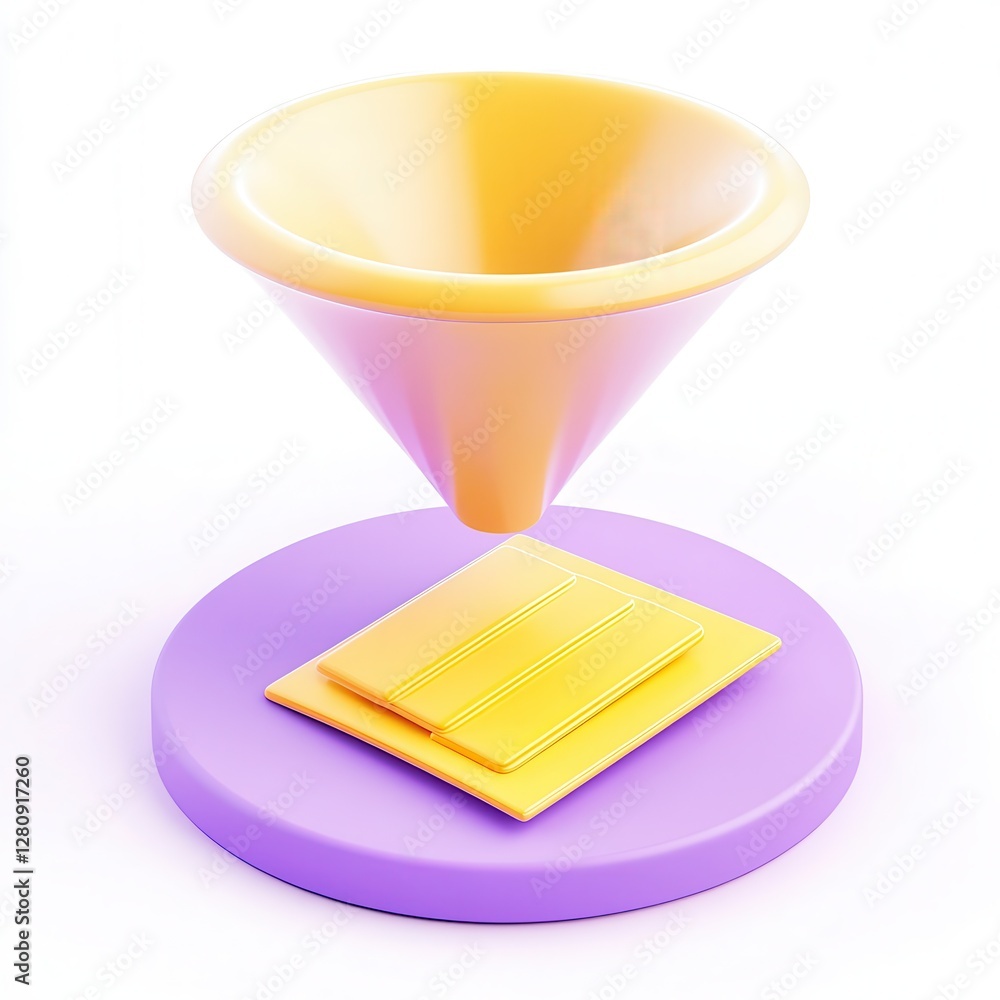 Poster a colorful 3d funnel on a rounded base with layered platform below, showcasing modern design and vib