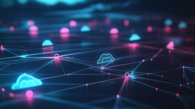Abstract cloud computing concept with glowing connection lines, soft gradient lighting