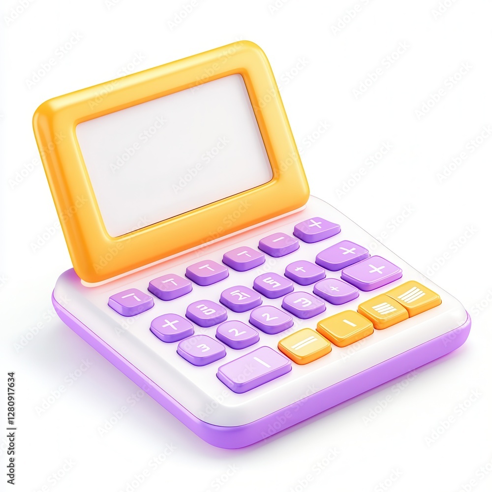 Poster a colorful, stylized calculator with a purple and orange design, featuring a large display and color