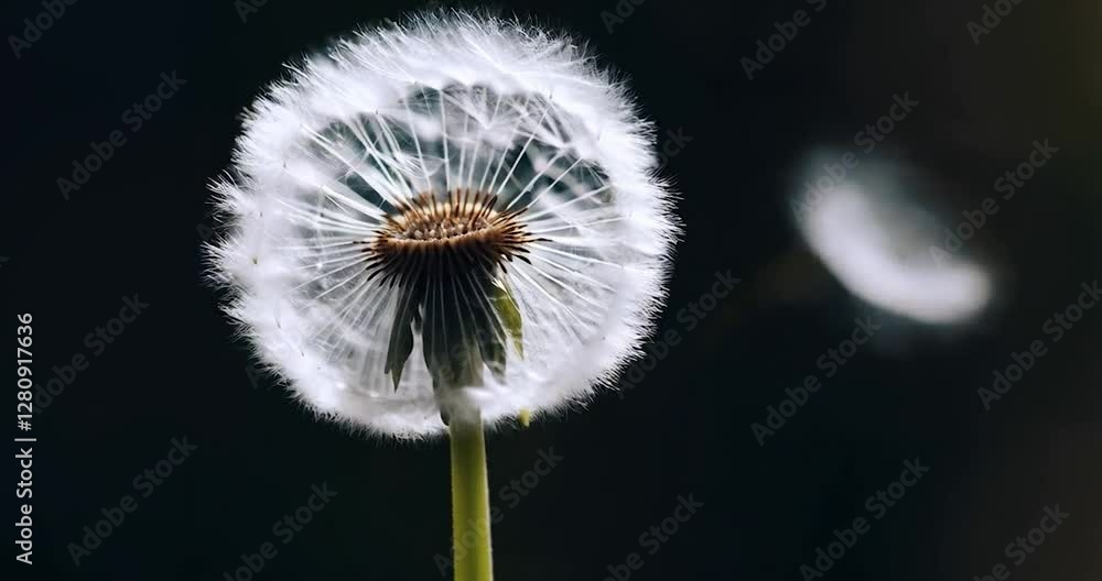 Aufkleber close up of a dandelion seed head with bokeh background and one seed blown by the wind