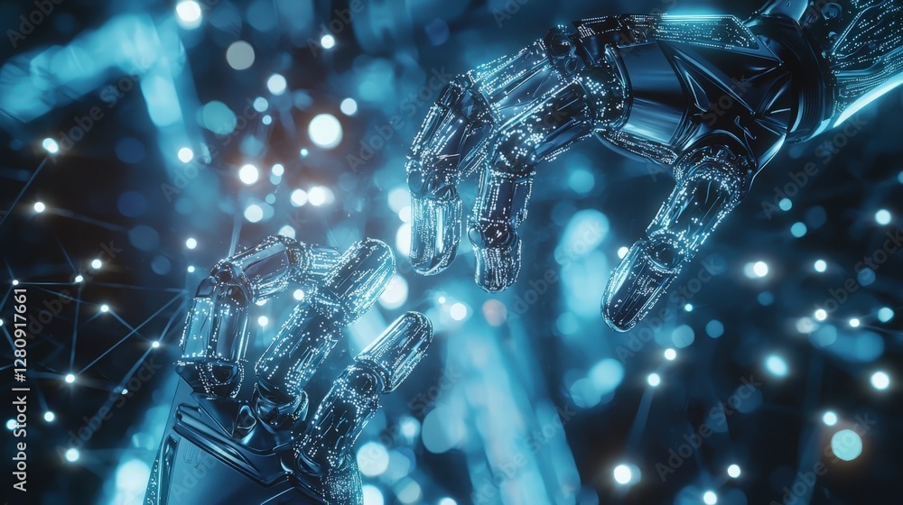 Poster robotic arms assembling futuristic technology with glowing network connections in the background, sy