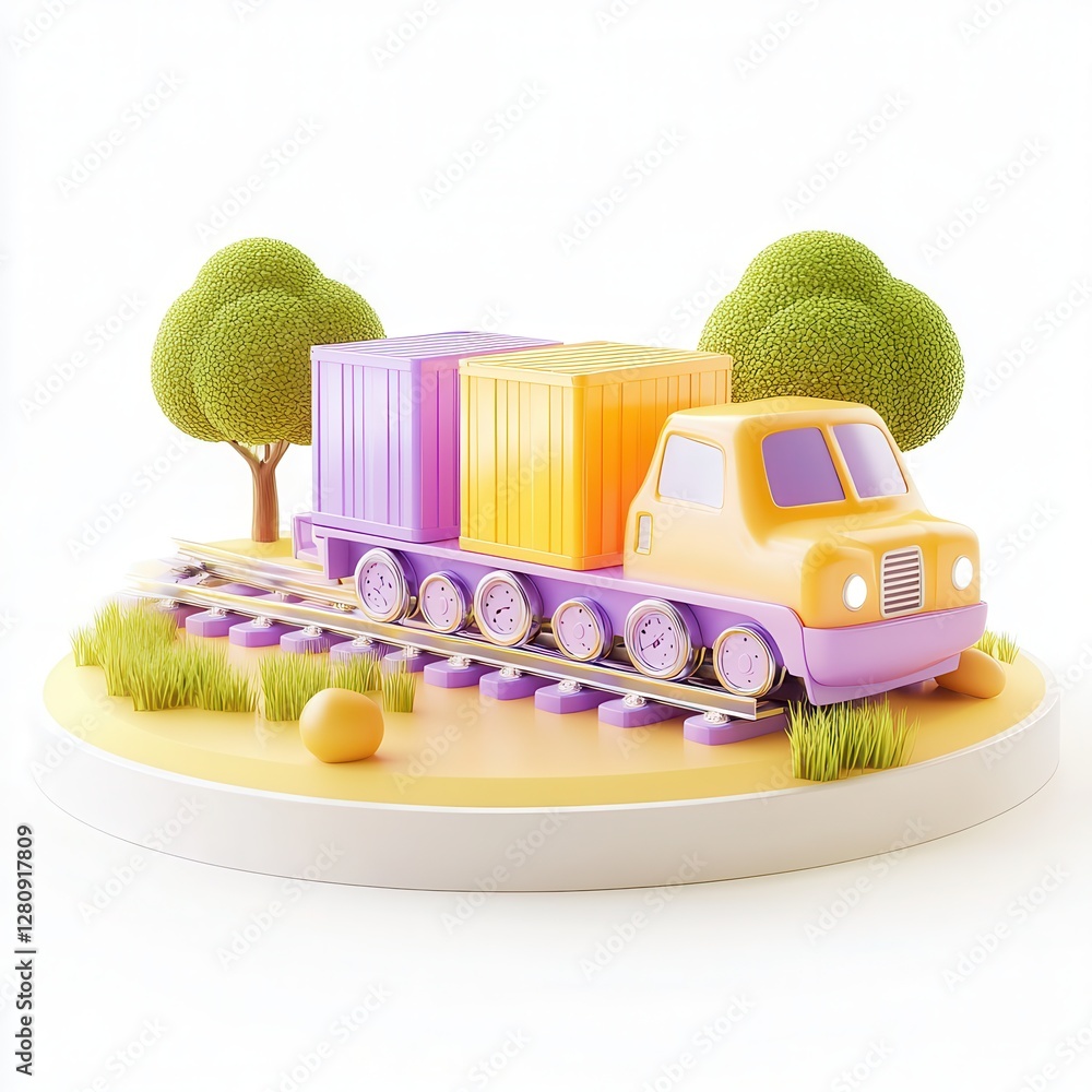 Poster a 3d model of a colorful train with containers on a track, surrounded by trees and grass.