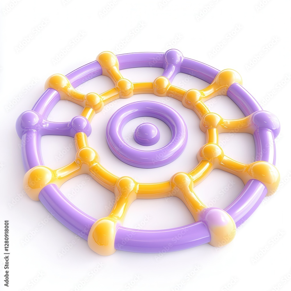 Poster a vibrant 3d model featuring a circular structure with yellow and purple elements, showcasing a play