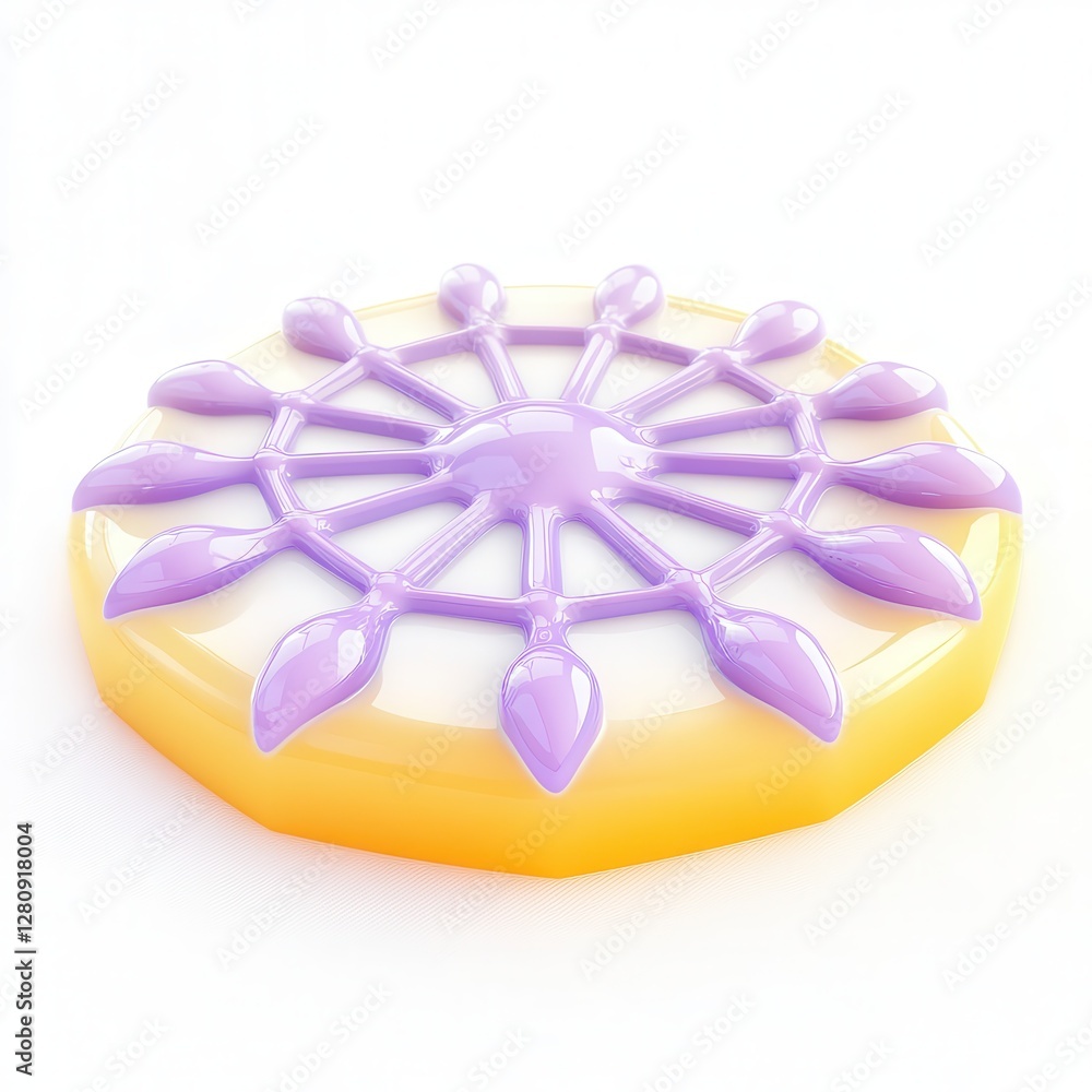 Poster a vibrant 3d model featuring a circular design with a purple and yellow color scheme, resembling a d
