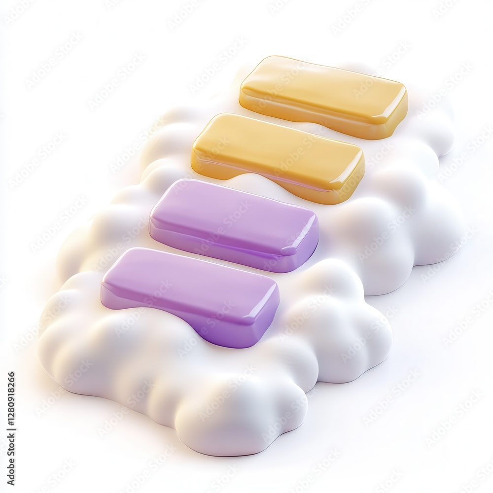 Poster four colorful soap bars arranged on a fluffy layer of bubbles, showcasing a clean and fresh aestheti