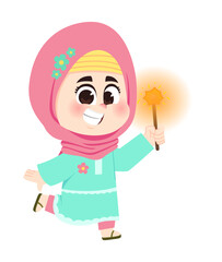 Muslim girl play fireworks to celebrate ramadan