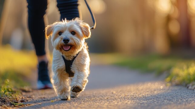 A cheerful small dog walking on a sunny path with a person in casual attire in the background - Powered by Adobe