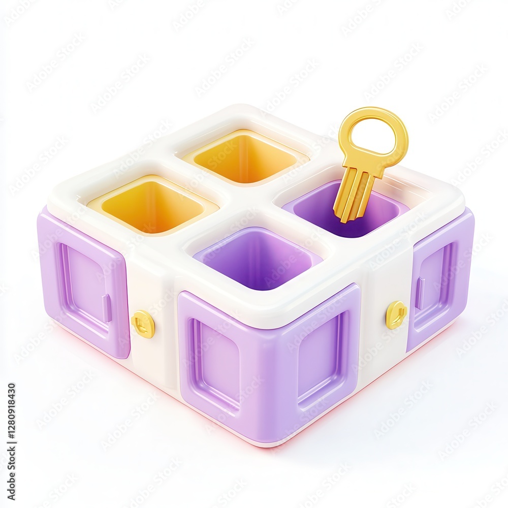 Poster a colorful shape sorter toy with a yellow key and multiple geometric holes for play and learning.