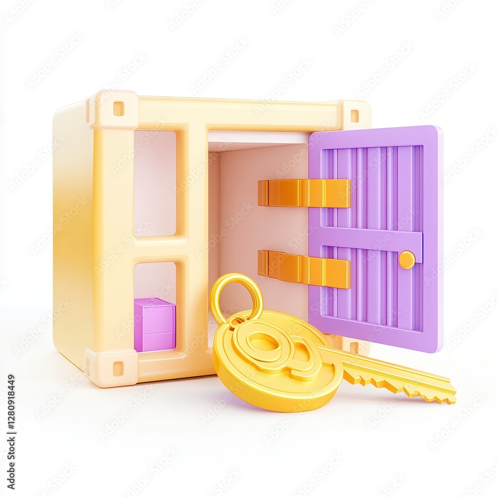 Poster a colorful 3d safe with a key and door, designed in playful colors, representing security and protec