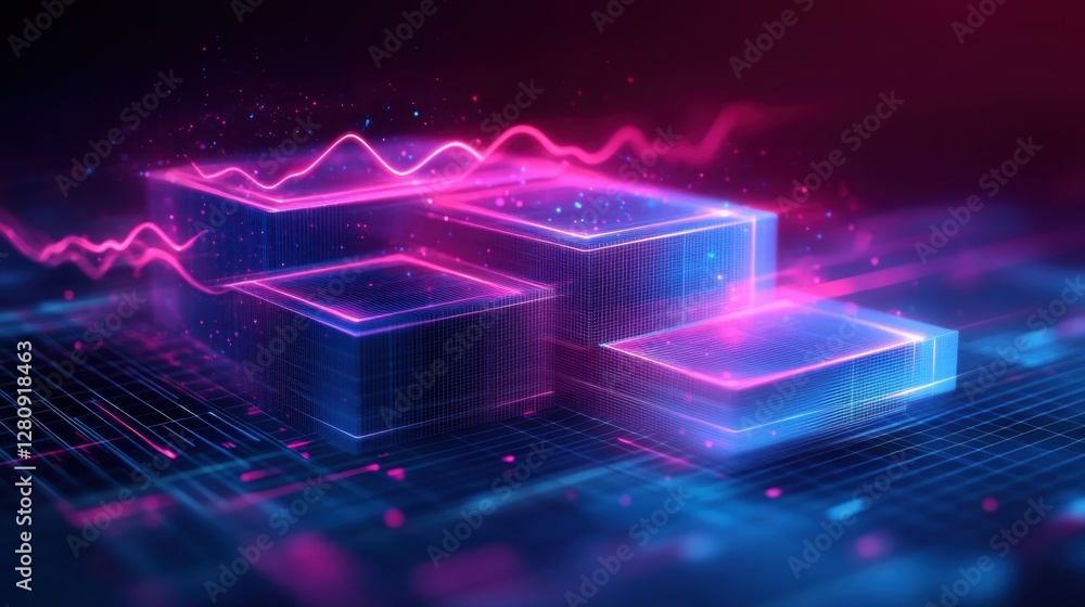 Poster neon cubes digital data flow abstract visualization futuristic technology background