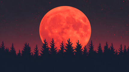 Red moon rising over the forest, simple vector graphic style
