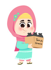 Cheerful muslim girl hold takjil gratis box