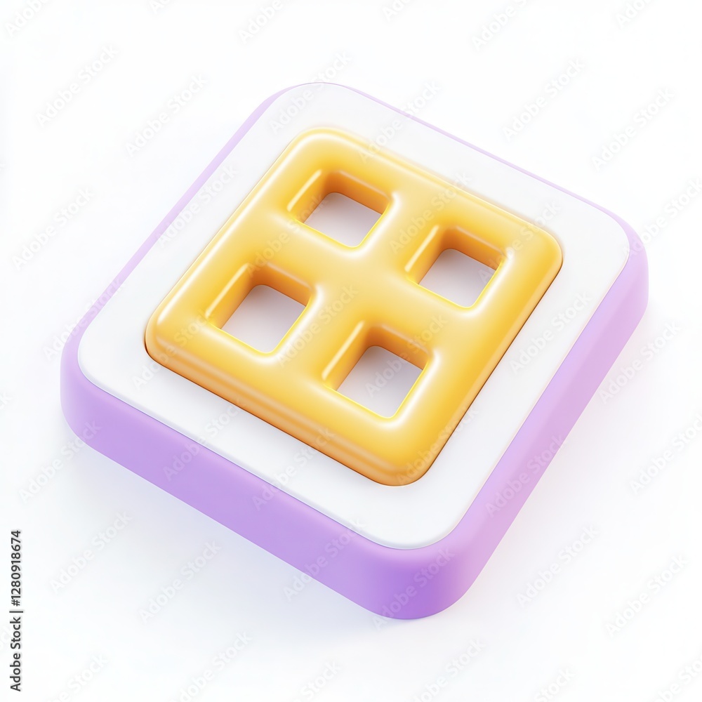Poster a stylized 3d waffle icon with a pastel color scheme, featuring a raised grid pattern over a circula