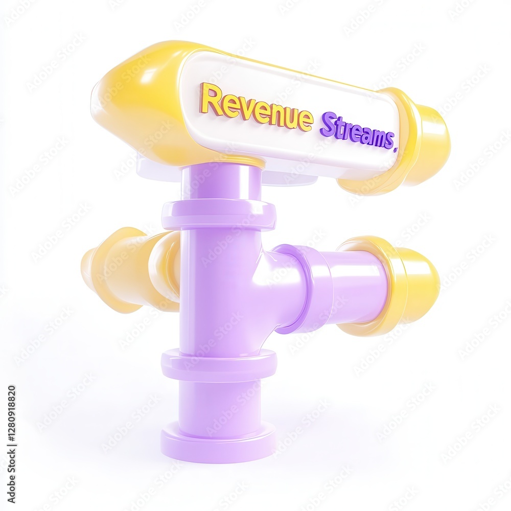 Poster a colorful 3d render of a stylized pipeline piece with the text 'revenue streams' integrated into it