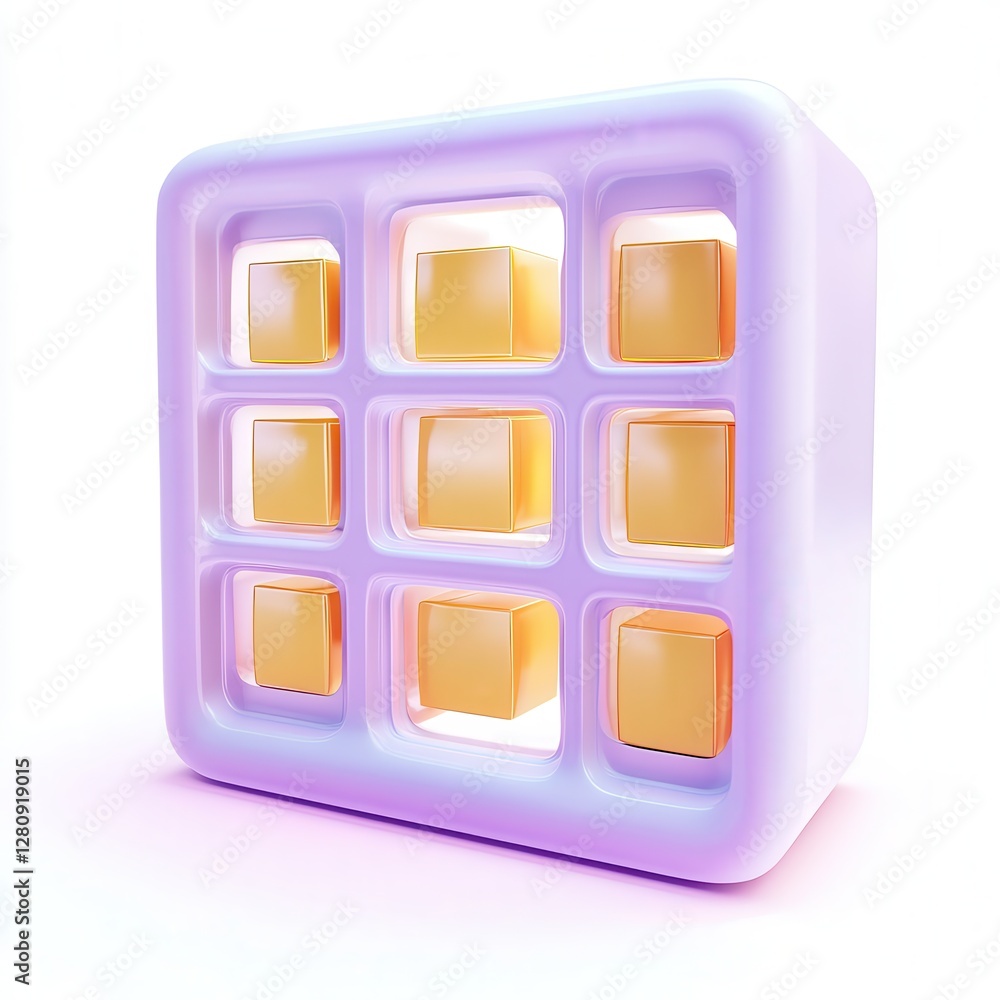Poster a colorful 3d cube composed of various orange and yellow blocks, presented with a soft pastel glow.