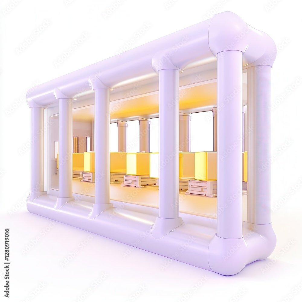 Poster a 3d render of a modern building with soft, round columns and illuminated interiors creating a uniqu