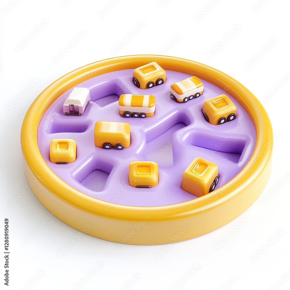 Poster colorful toy game featuring small vehicle pieces in a circular tray with various shapes and compartm