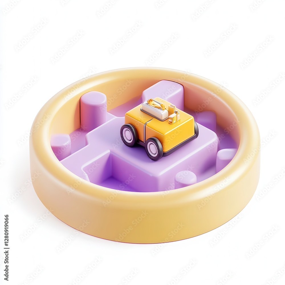 Poster a colorful 3d model of a toy construction vehicle on a round platform with a geometric maze design.