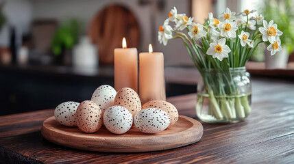 Easter eggs in wooden plate with bouquet of daffodils on rustic kitchen background. Easter concept