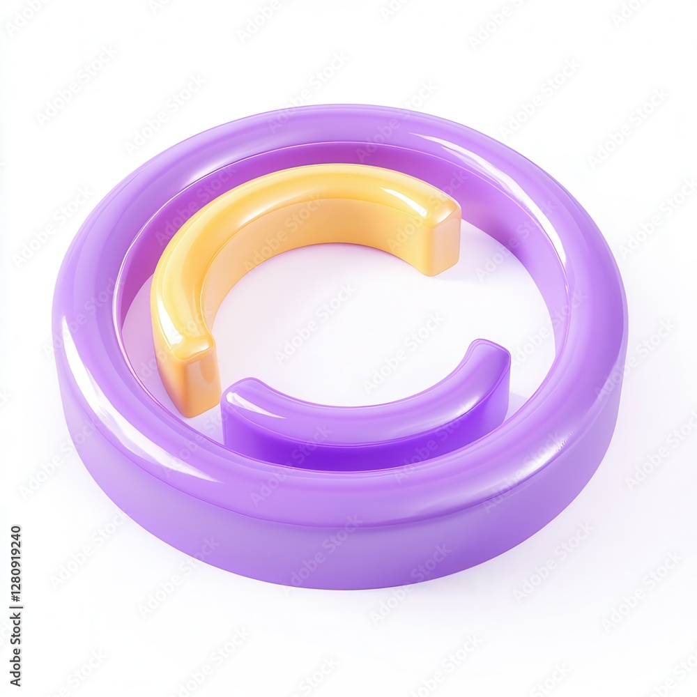Poster a colorful 3d rendering of interlocking rings in purple and yellow with a shiny finish.