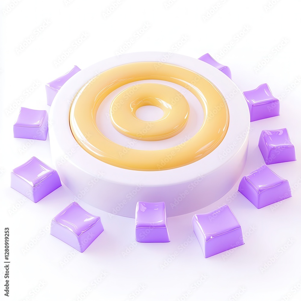 Aufkleber a 3d render of a circular arrangement with a yellow spiral and purple cube-like shapes around it.