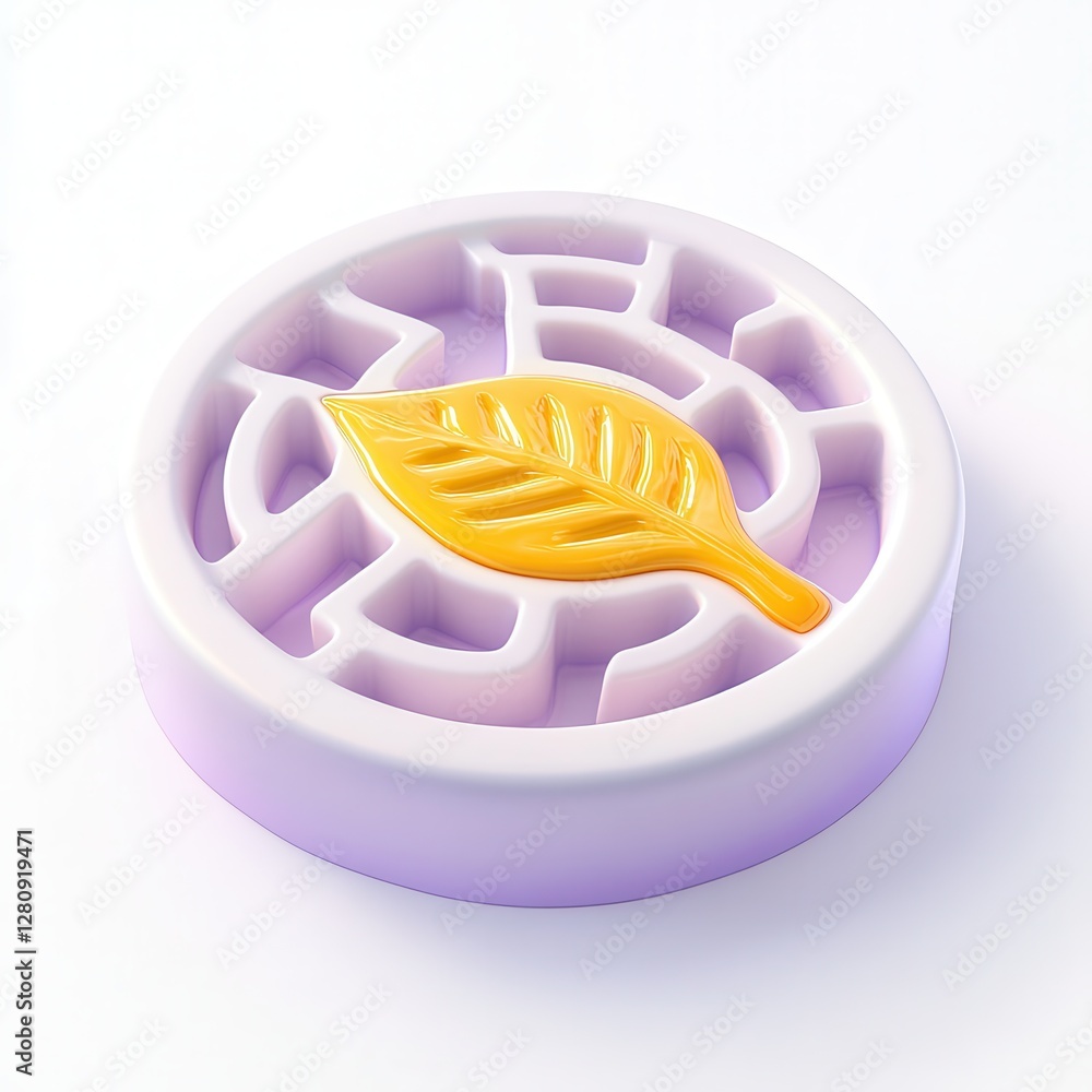Poster a stylized 3d model of a circular object with a leaf design in the center, featuring a pastel color 