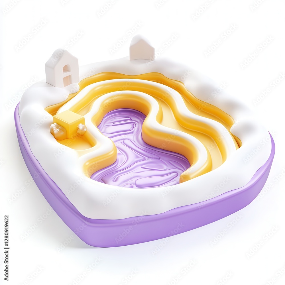 Poster a colorful 3d rendering of an abstract terrain with flowing shapes and a pool-like structure in past
