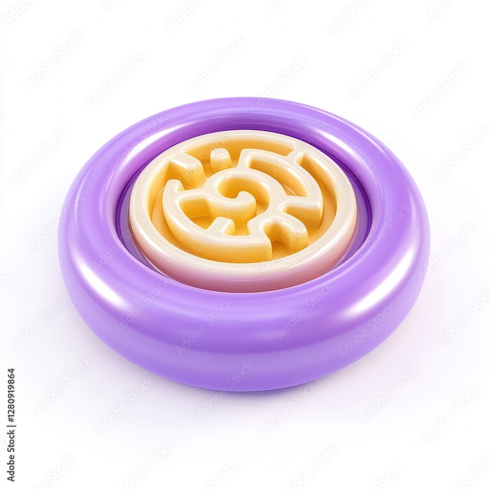 Poster a colorful 3d rendering of a circular toy featuring a spiral design with purple and yellow colors.