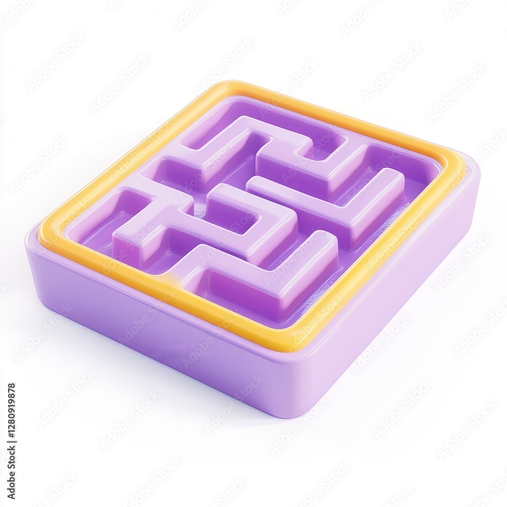 Poster a colorful, 3d maze design in purple and yellow, showcasing intricate paths within a square shape.