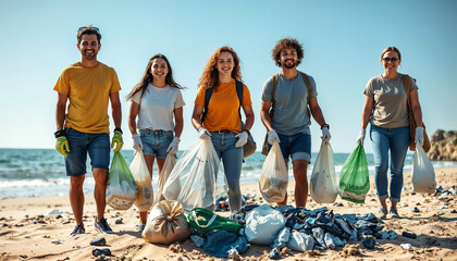 Group of volunteers of diverse ages and ethnicities collecting plastic waste on a sandy beach during a sunny morning 