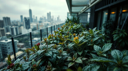 Fototapeta premium Rooftop garden in a wet rainy scene