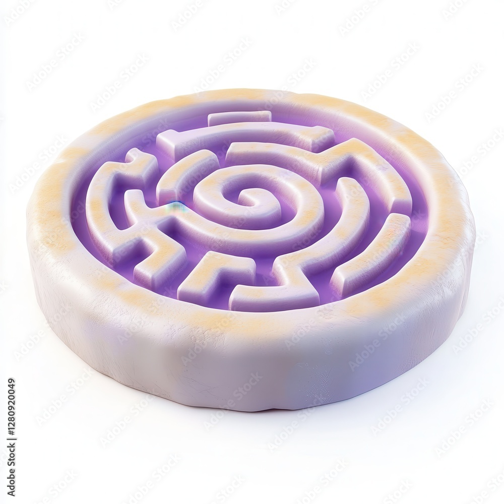 Poster a circular maze design with a purple and white color scheme, set against a plain background.