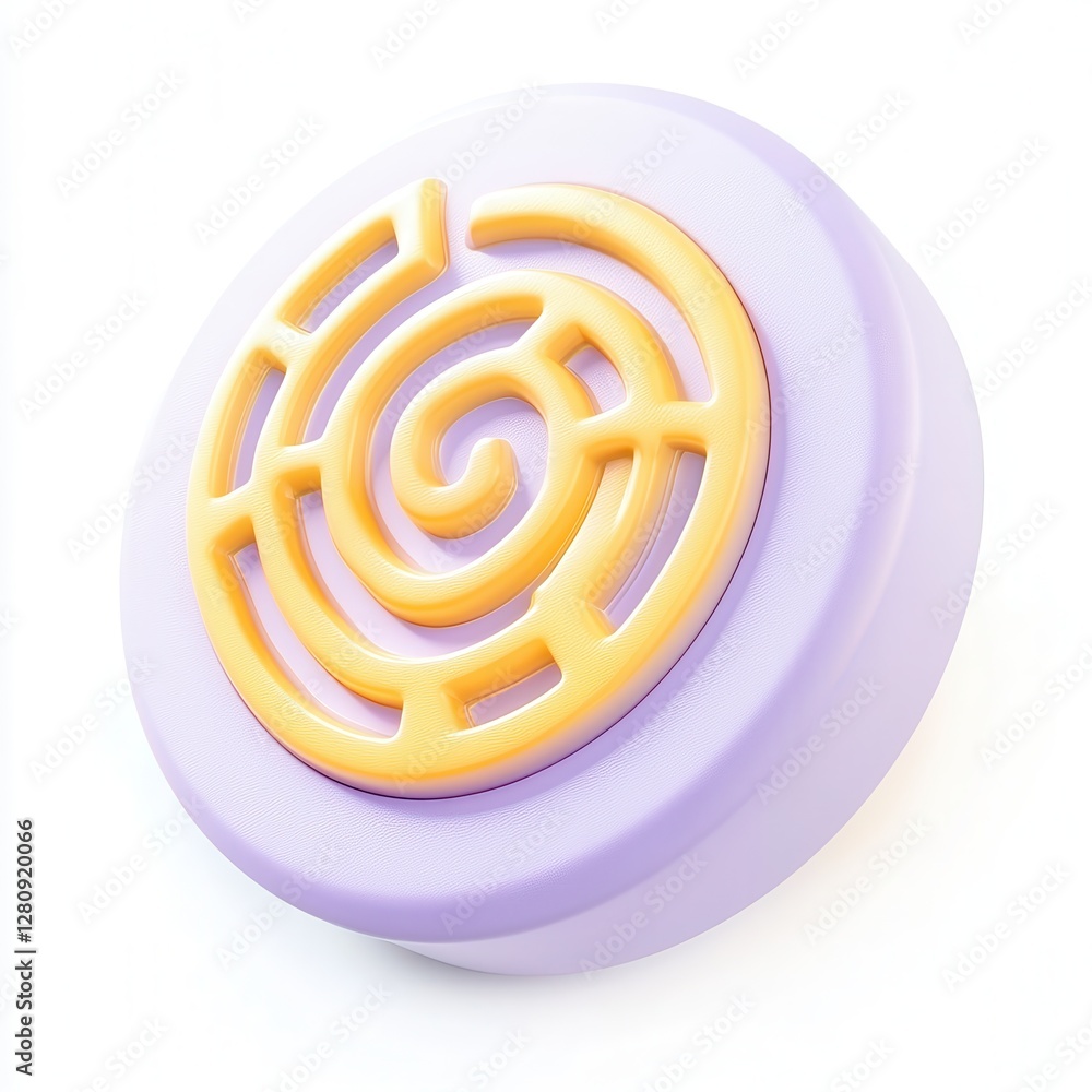 Poster a 3d render of a circular object with a labyrinth design in yellow on a lavender background, showcas