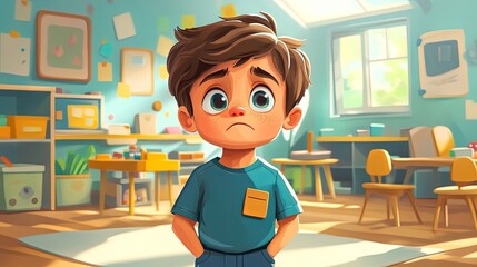 cartoon style illustration of cute little boy is crying in the modern bright kindergarten