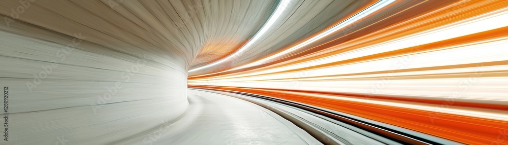 Poster dynamic motion blur inside a curved subway tunnel with bright light trails and smooth surfaces