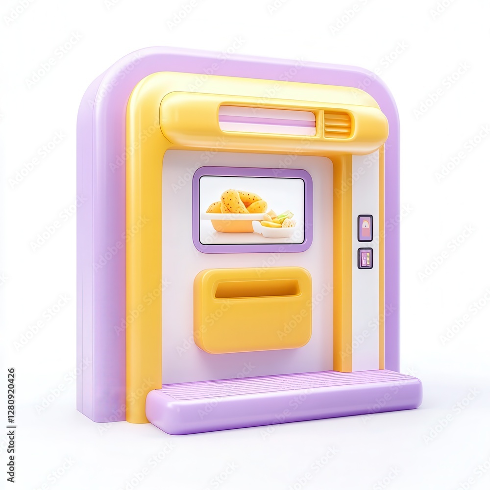 Poster a colorful ice cream vending machine with a fun design in pastel colors, featuring a touchscreen dis