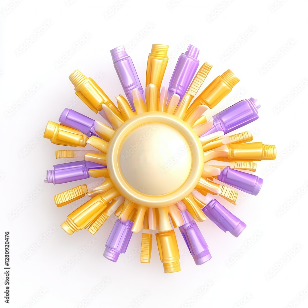 Poster a colorful arrangement of bottles radiating from a circular base, creating a visually striking 3d de