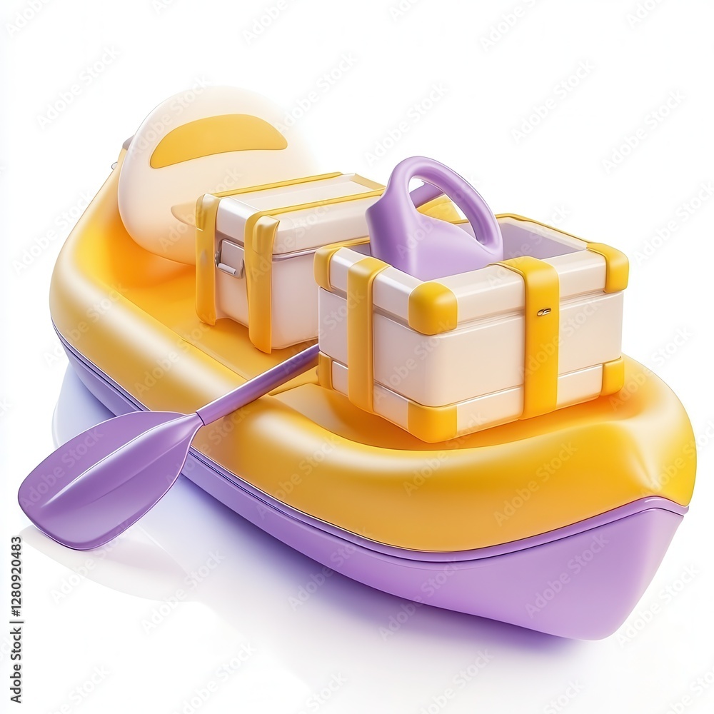 Poster a colorful kayak with two storage boxes, featuring a paddle, designed to represent fun and adventure