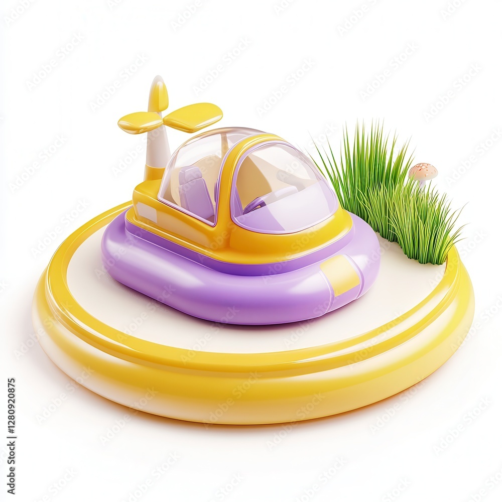 Poster a colorful toy hovercraft with a propeller and grass on a circular platform.