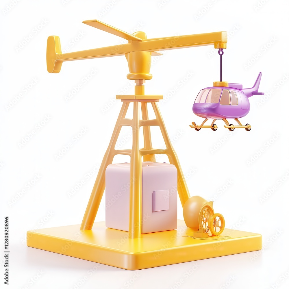 Poster a colorful 3d model of a helicopter being lowered by a yellow crane with a simple base design.